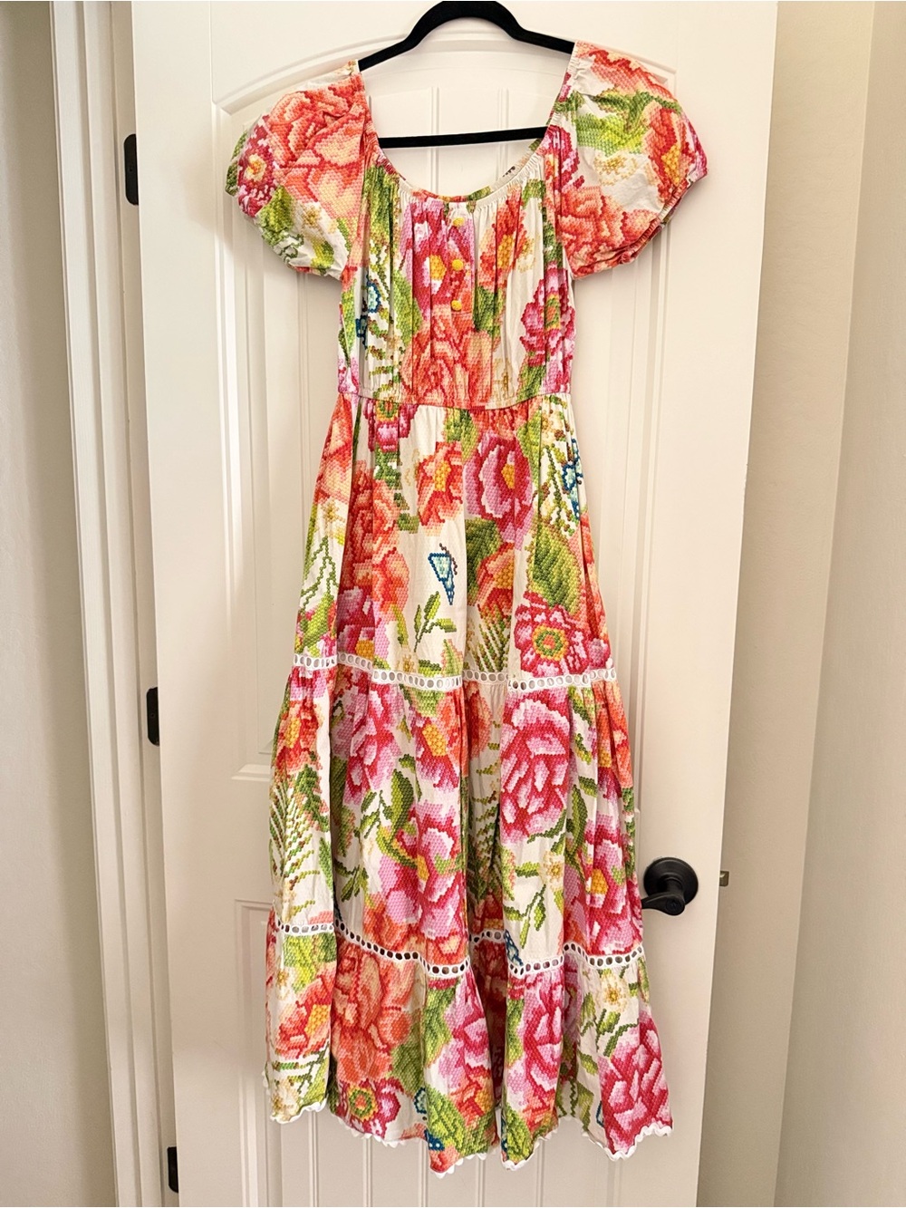 FARM Rio Cross Stitch Flowers" Off-the-Shoulder Tiered Midi Dress